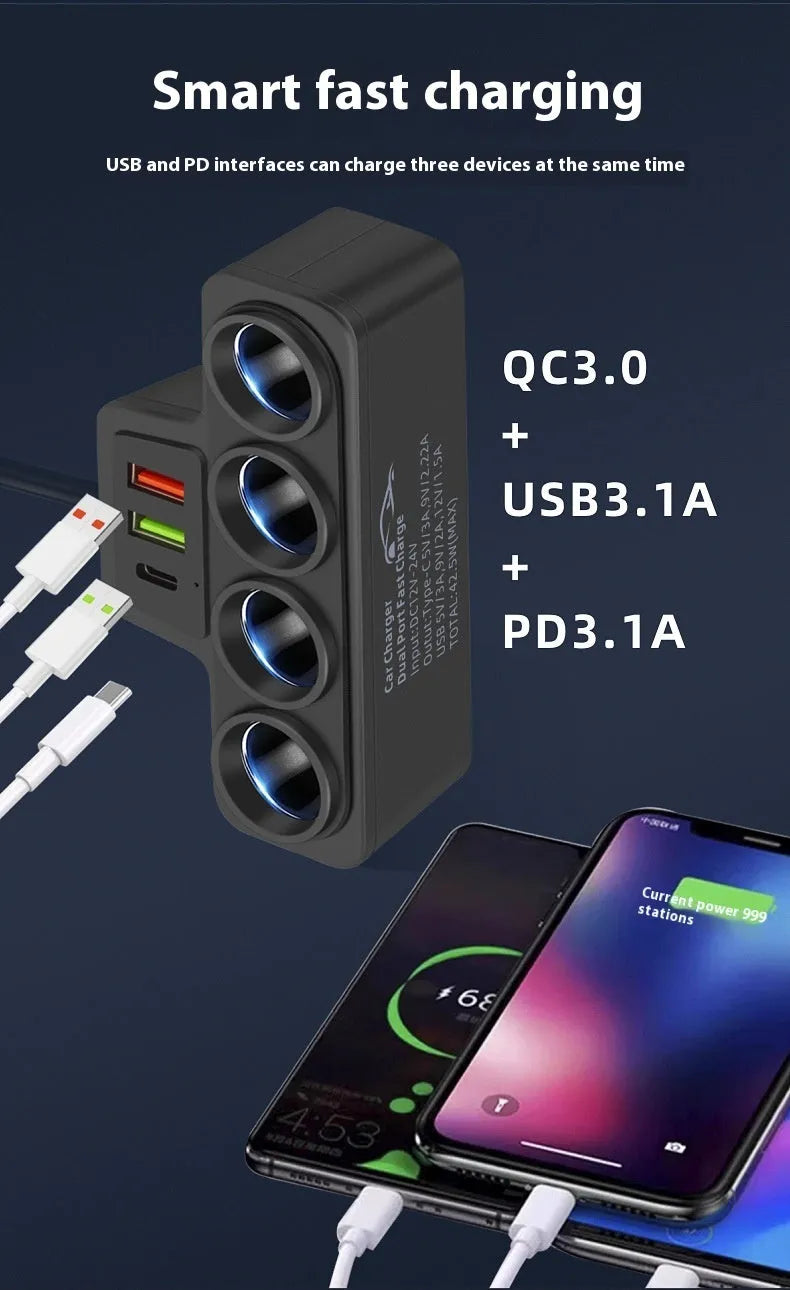 Car-mounted multi-function fast charging cigarette lighter with dual USB PD ports