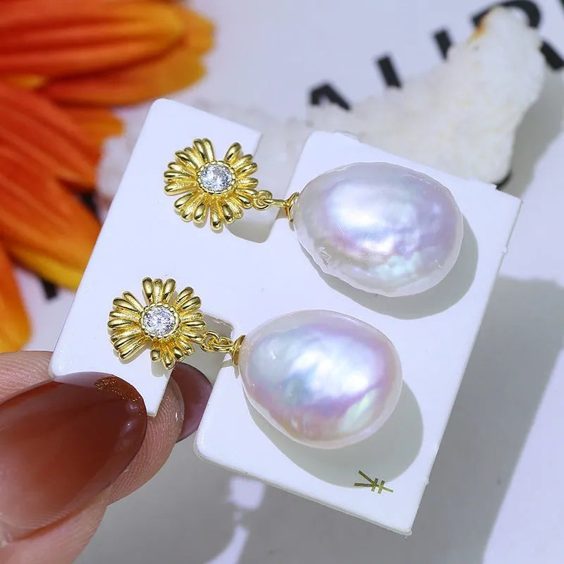 Baroque S925 sterling silver flower earrings with matching ring holder in gold and silver options