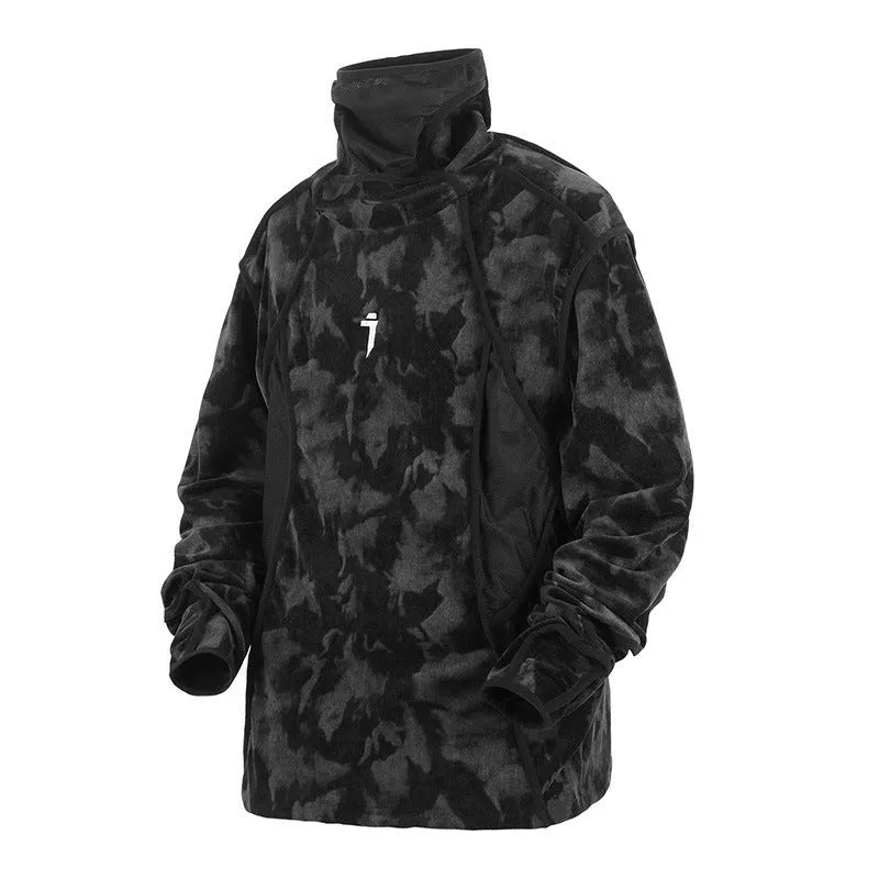 Men's black and grey tie-dye printed finger turtleneck sweater with drop shoulders and long sleeves.