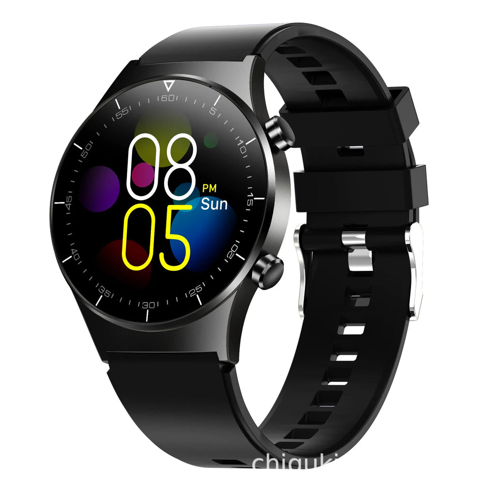 Black smart watch with heart rate monitoring on TPU wristband showing 1.28-inch touch screen display