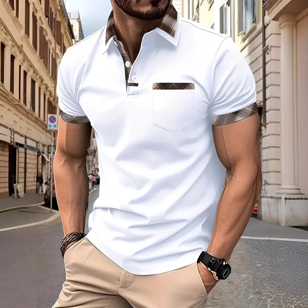 Men's short sleeve plaid colorblock t-shirt with zipper decoration in loose fit style