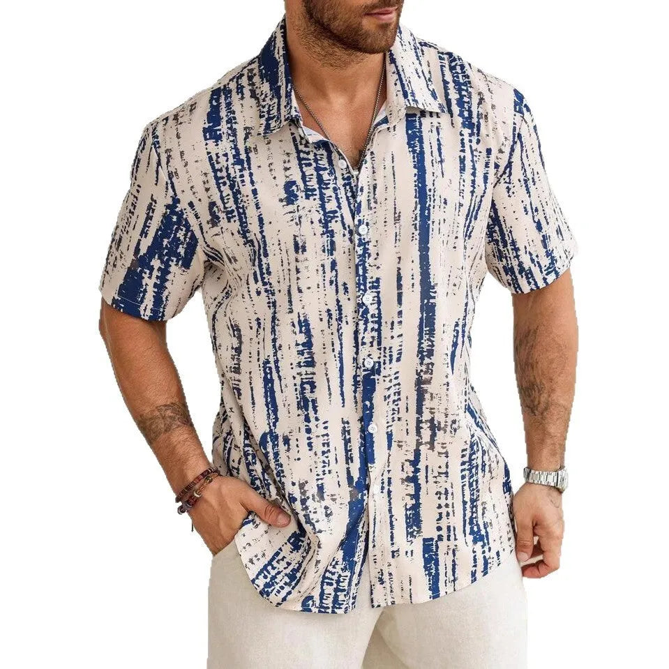 Men's short sleeve casual shirt with 3D printed stripe pattern in anti-wrinkle polyester fabric