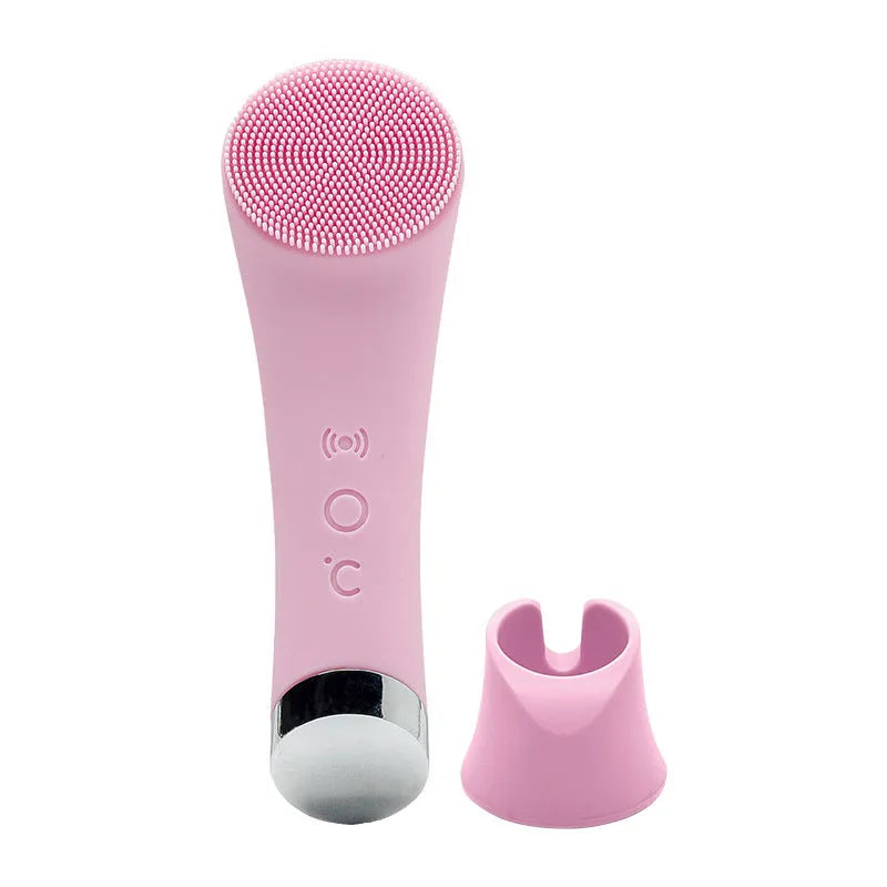 Pink electric silicone face cleansing brush with vibration and heating functions, USB rechargeable