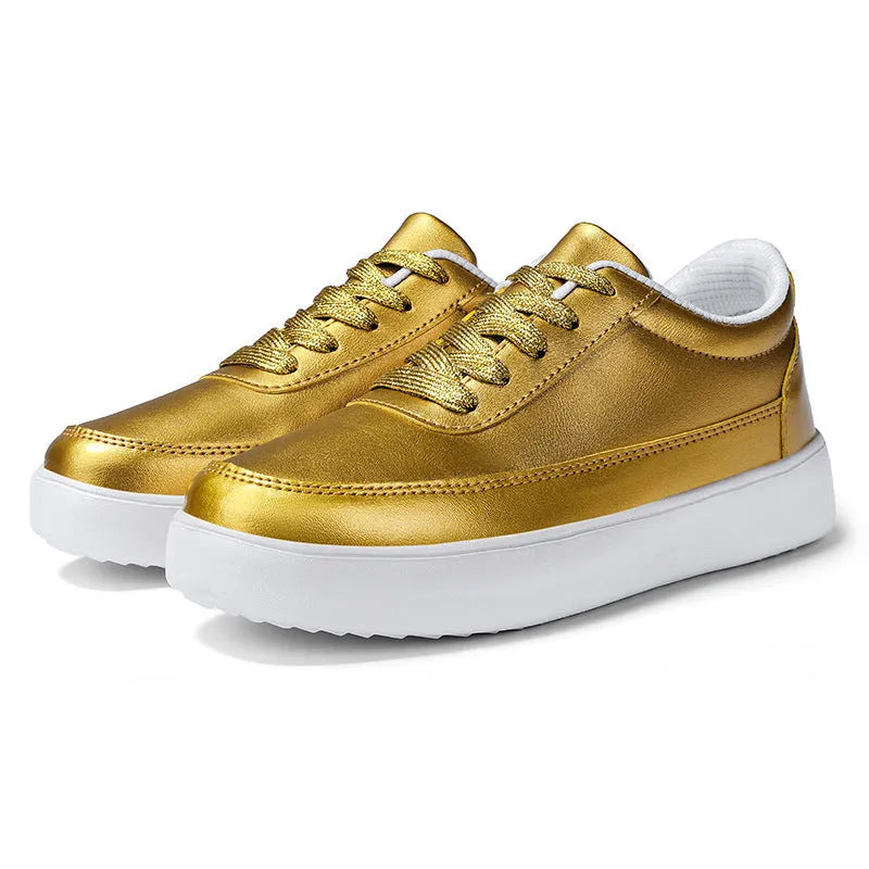 Women's leather flat casual shoes with lace-up front in gold colour
