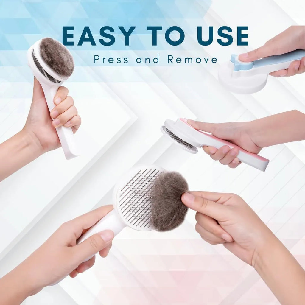 Blue grey pink self-cleaning pet grooming brush with stainless steel tips and rubber handle for dogs cats