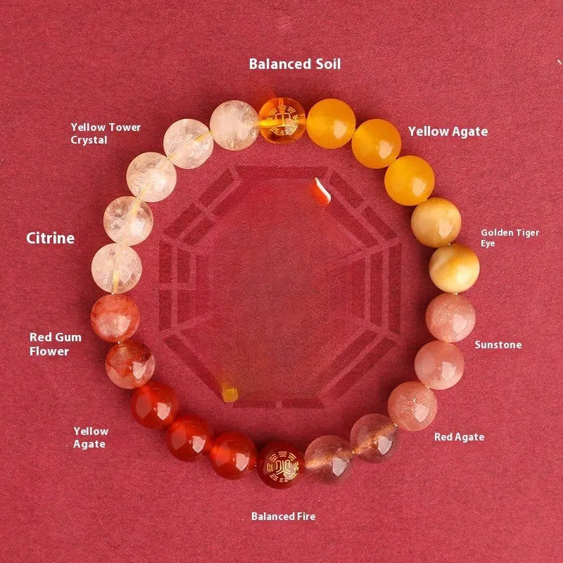 Natural crystal Five Elements bracelet in New Chinese design with round polished beads on wrist, available in multiple colour options