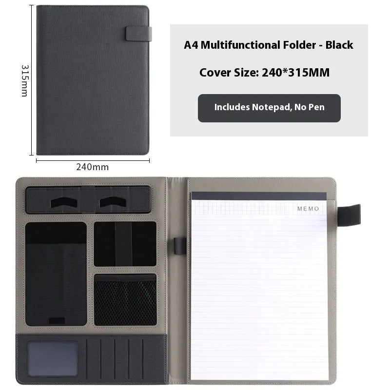 A4 leather business folder in black colour showing document storage and accessory features