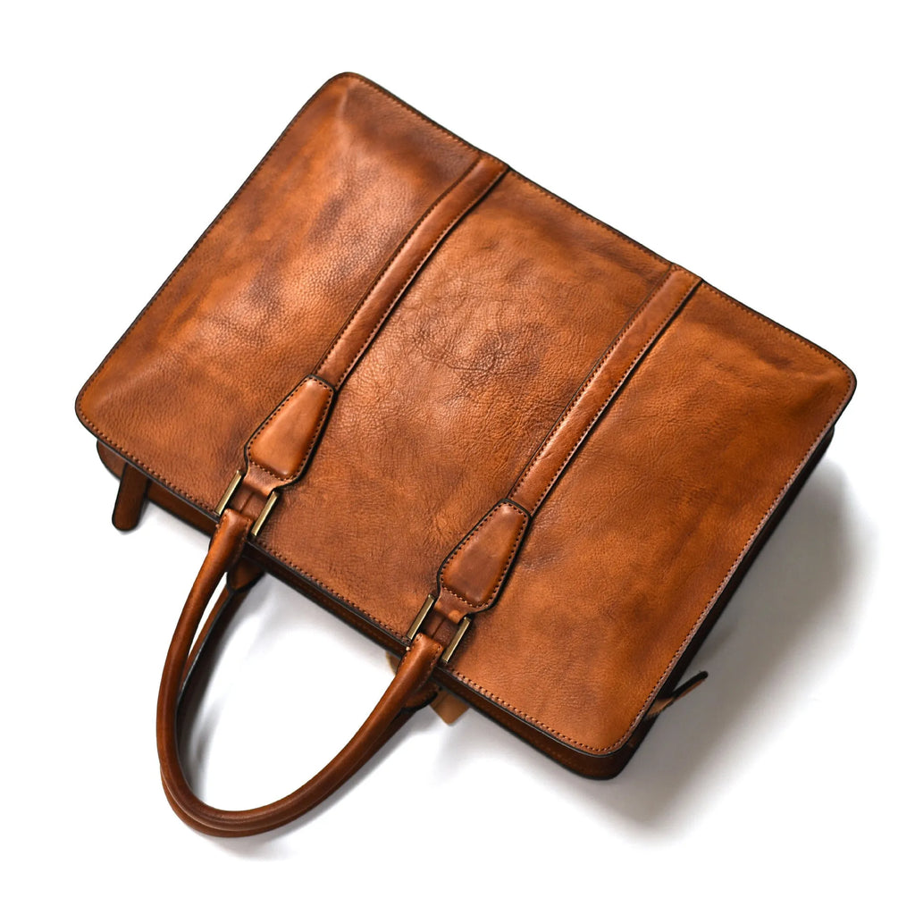 14-inch men's retro leather handbag in horizontal square design with zipper closure