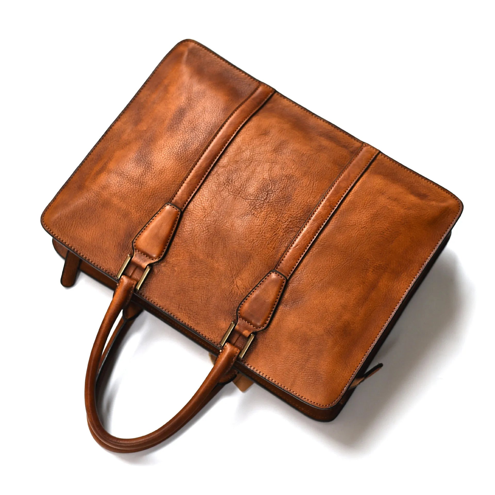 14-inch men's retro leather handbag in horizontal square design with zipper closure