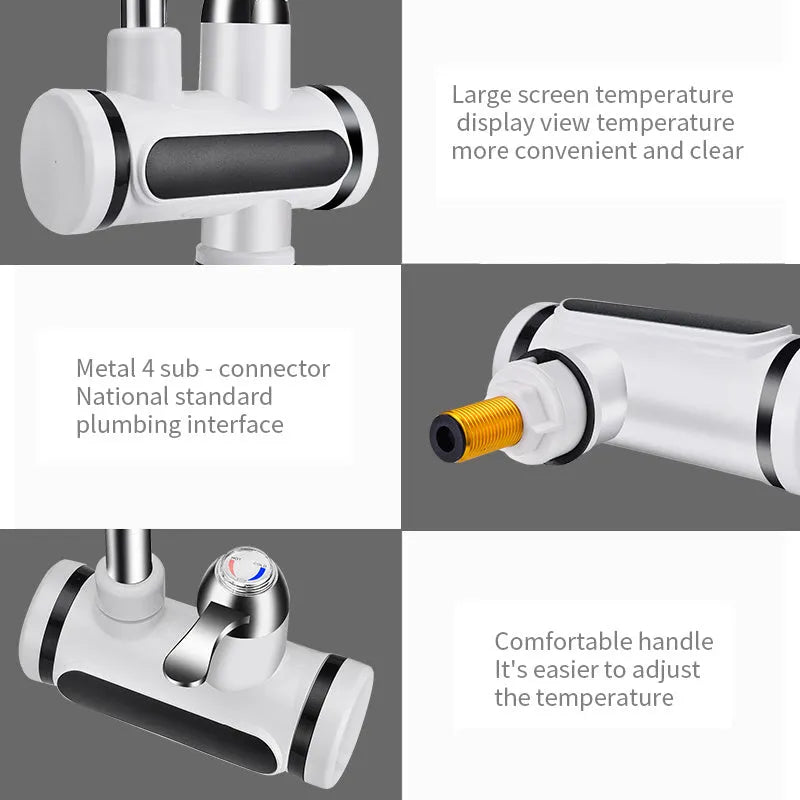 White electric instant water heater with digital temperature display for kitchen installation