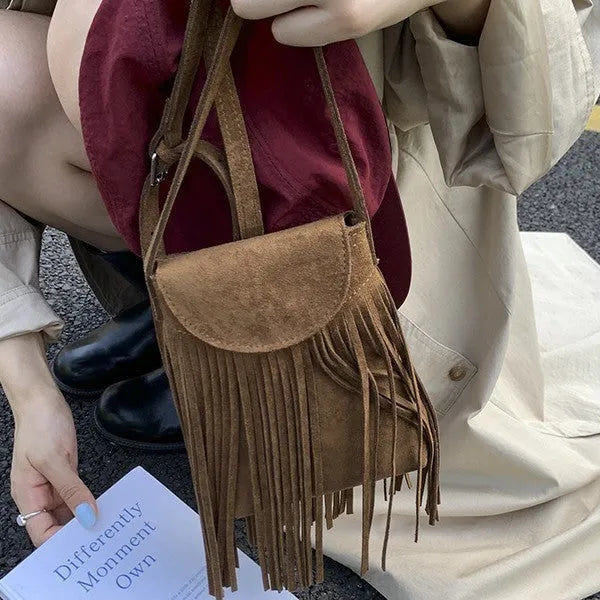 Retro frosted suede mobile phone messenger bag with tassel, available in multiple colours, 13cm length
