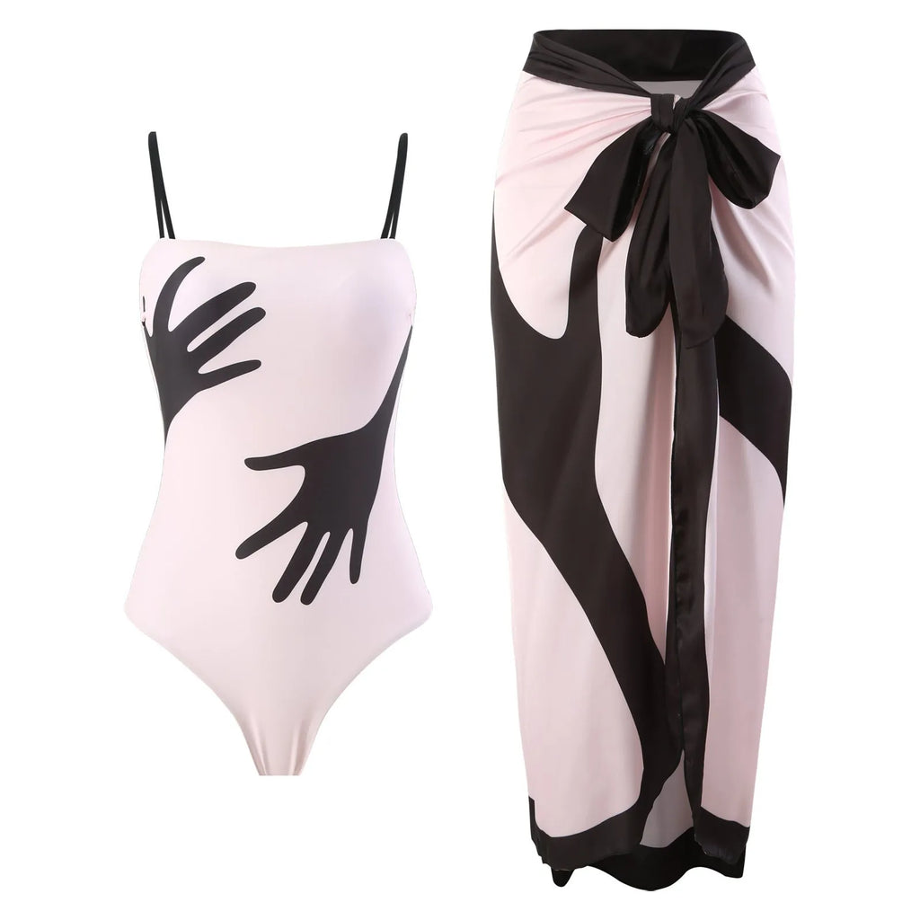 Women's polyester bikini two-piece set with a black tulle skirt overlay.