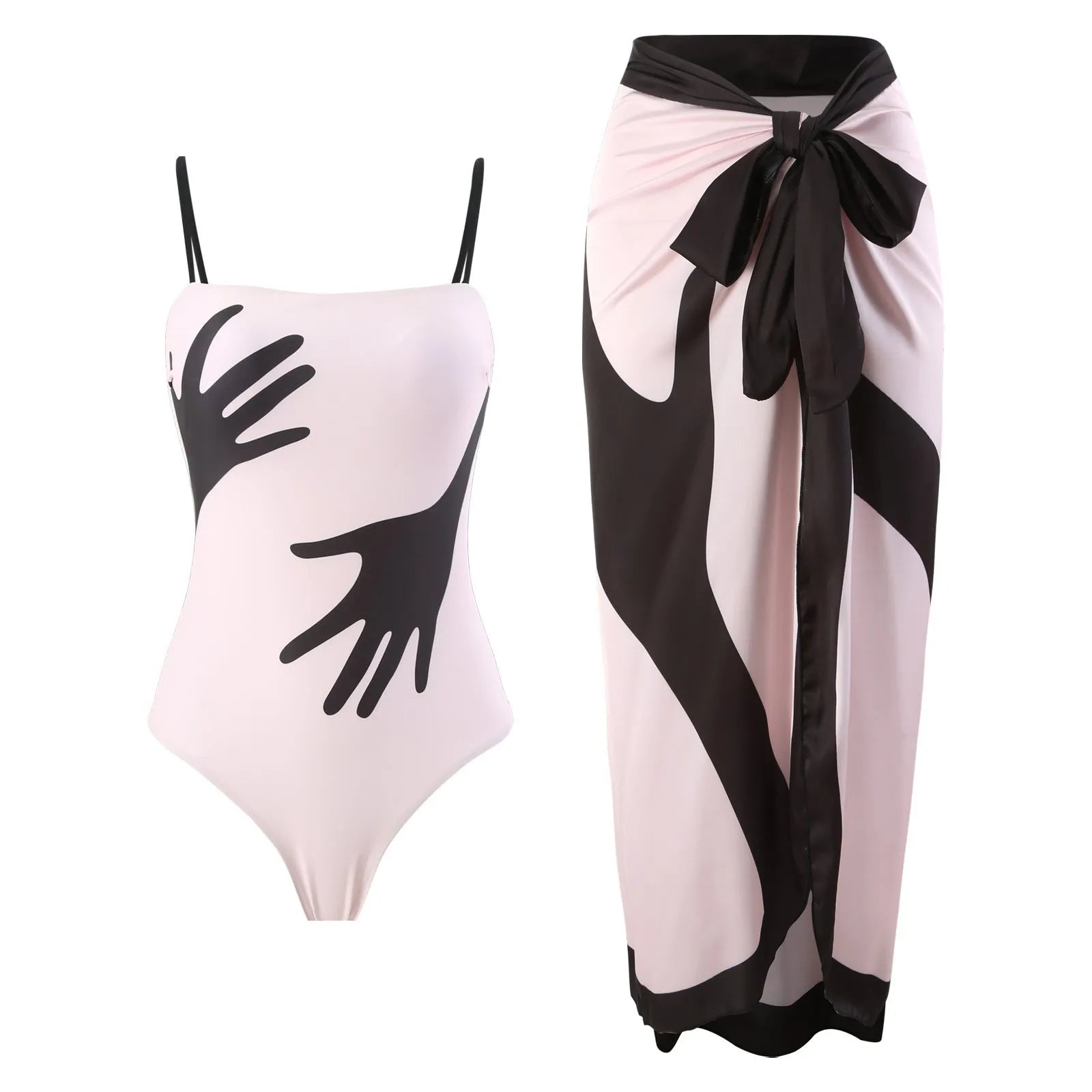 Women's polyester bikini two-piece set with a black tulle skirt overlay.