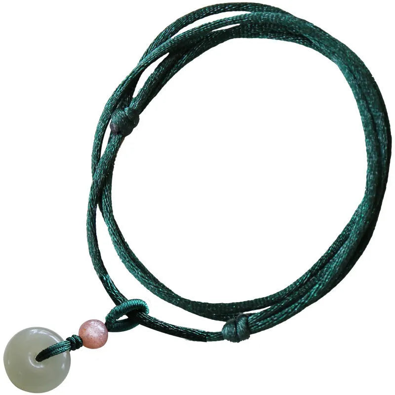 Natural Hetian jade short necklace with lotus seedpod pendant on green rope, handmade simple style