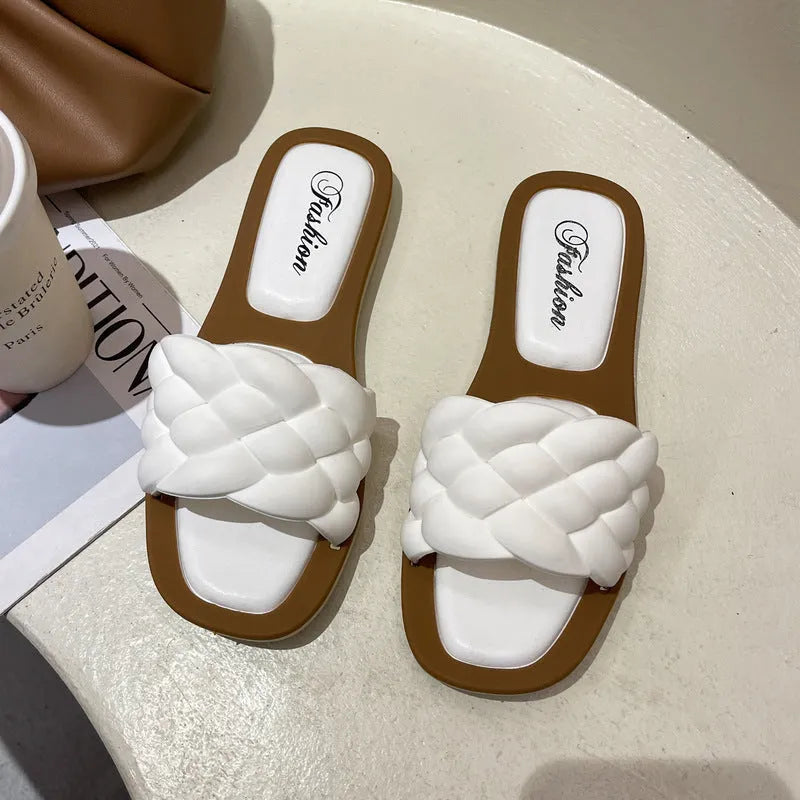 Women's plaid pattern beach sandals with thick PVC soles in black, green, orange or white colours