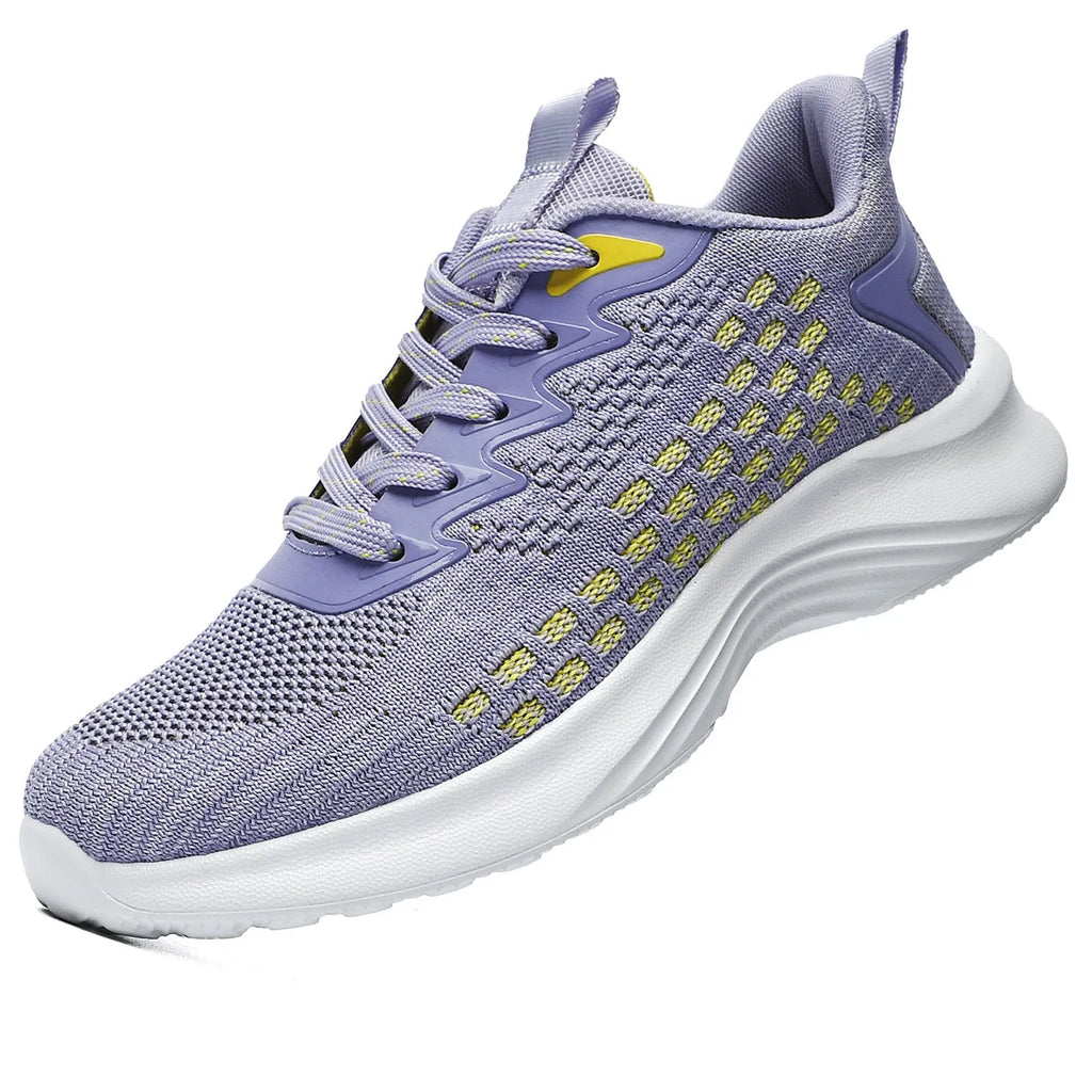 Women's lavender purple Flyknit running shoes with striped pattern and mesh lining