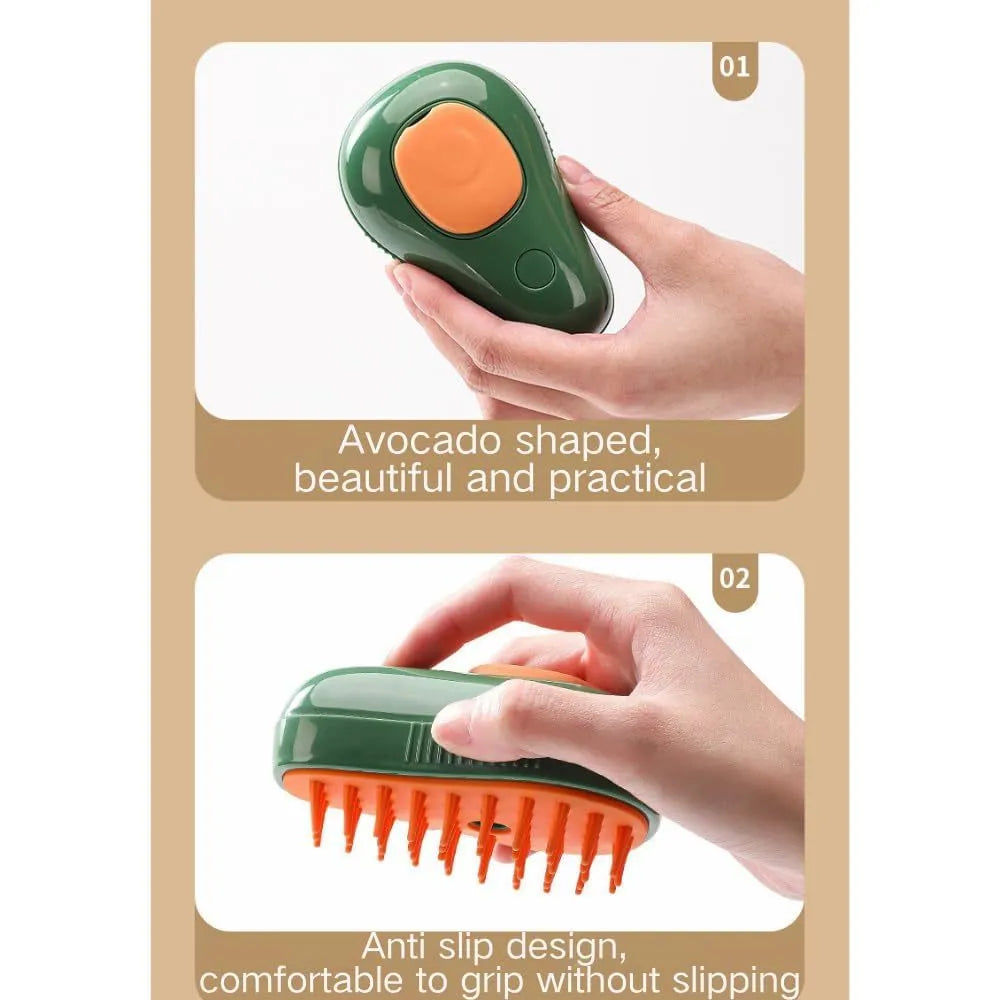 Green and white rechargeable cat steam brush comb with silicone bristles and water spray.