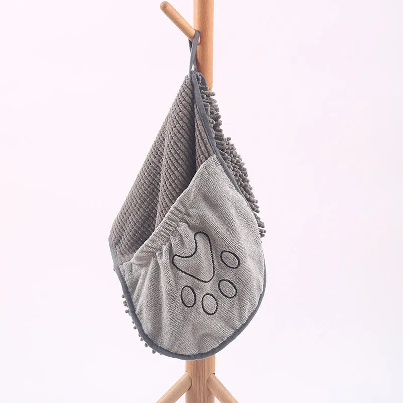 Grey pet scrubbing towel glove made of absorbent fibre, 35x80cm size, for cats and dogs