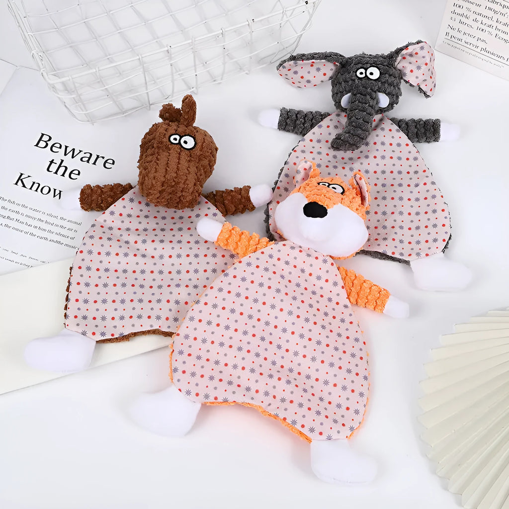 Brown velvet pet stuffed toy with fox elephant design featuring sound paper crinkle elements