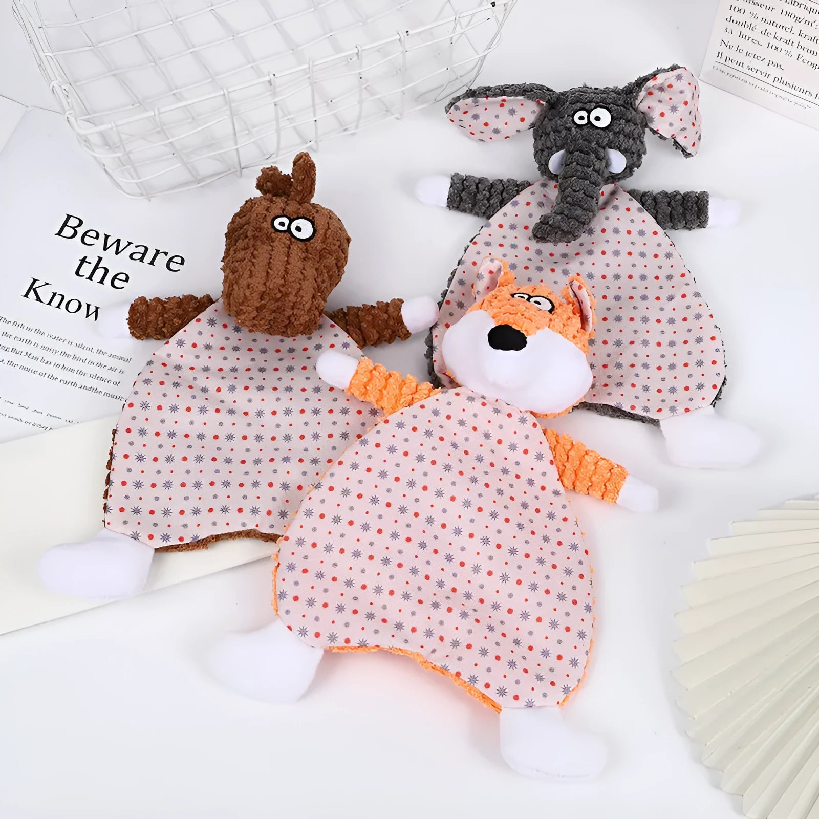 Brown velvet pet stuffed toy with fox elephant design featuring sound paper crinkle elements