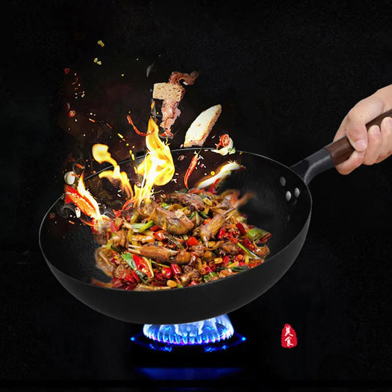 40cm traditional black iron wok with wooden handle and glass lid option