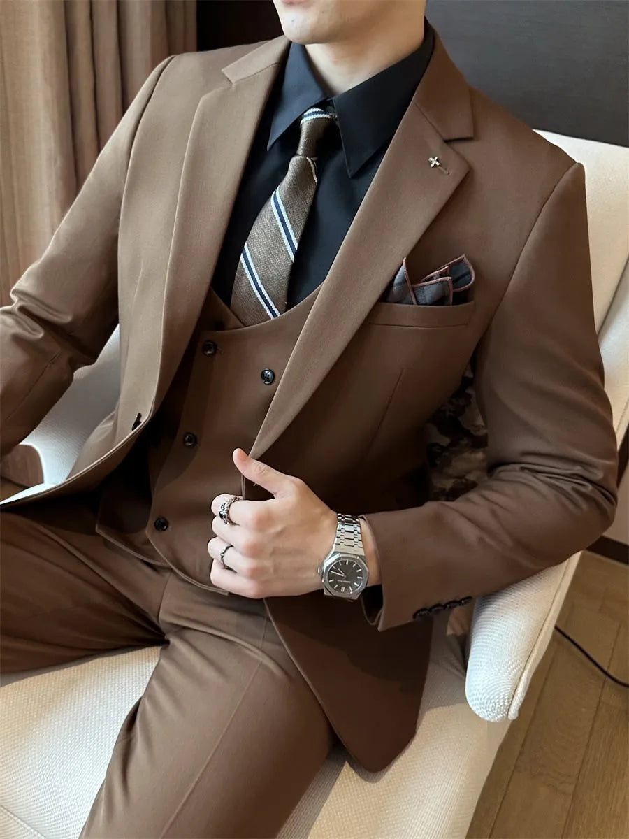 Men's slim fit business suit in dark green, brown, or camel colour, made from chemical fibre blend fabric.