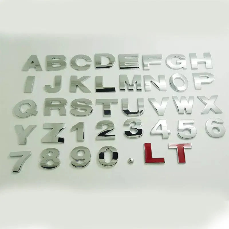 3D metal car letter sticker in zinc alloy showing raised black letter on silver background