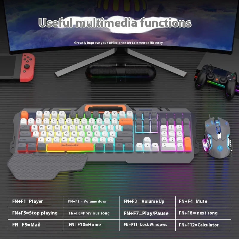 Blue wired gaming keyboard and mouse set with backlit keys and USB cable
