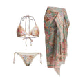 Women's creamy-white floral bikini suit with top, underwear, and matching skirt