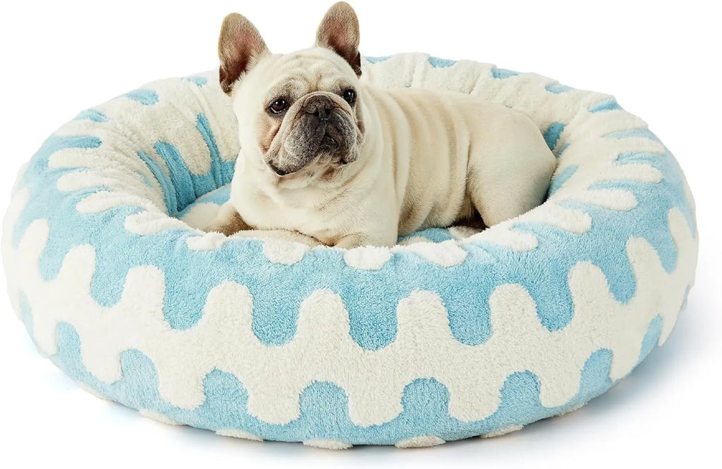 Round blue and white plaid dog bed with plastic base in 60cm size for medium dogs