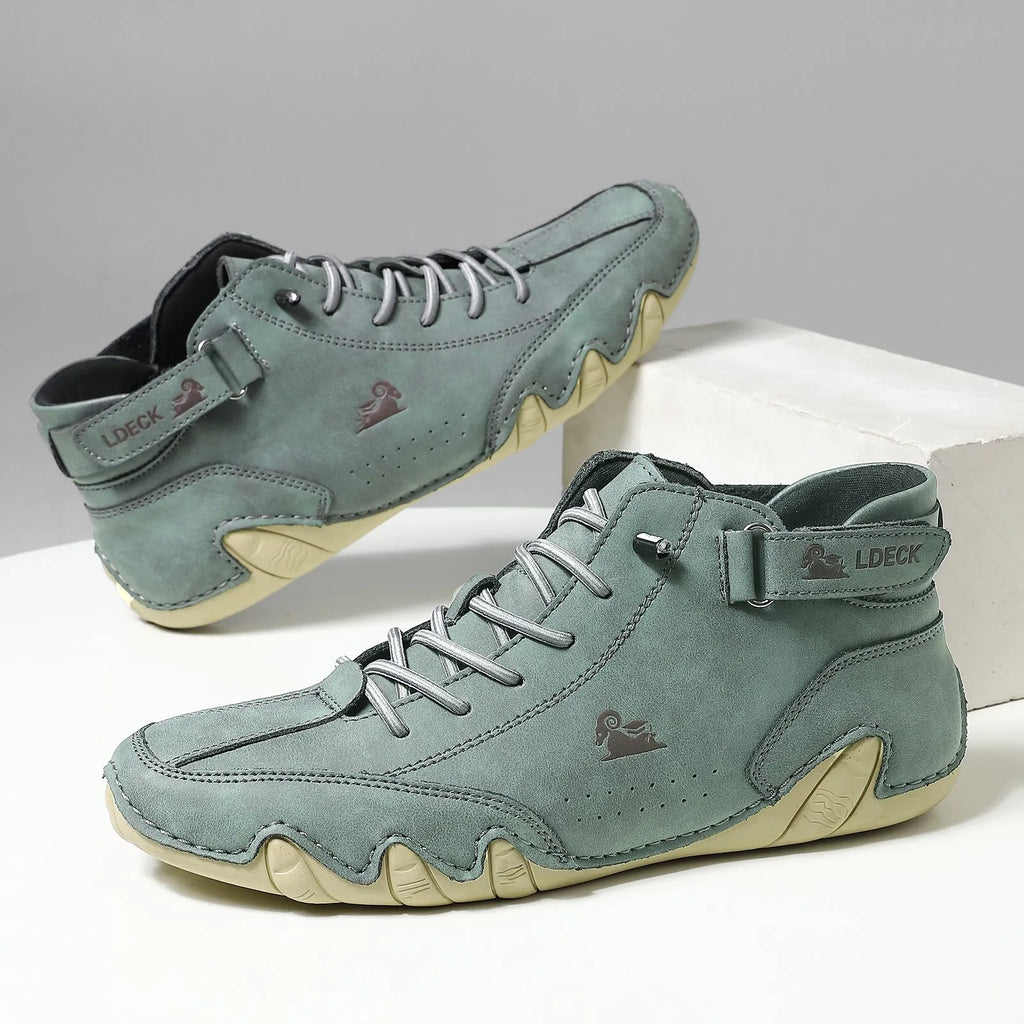 Men's khaki high top octopus shoes with round toe and rubber sole.