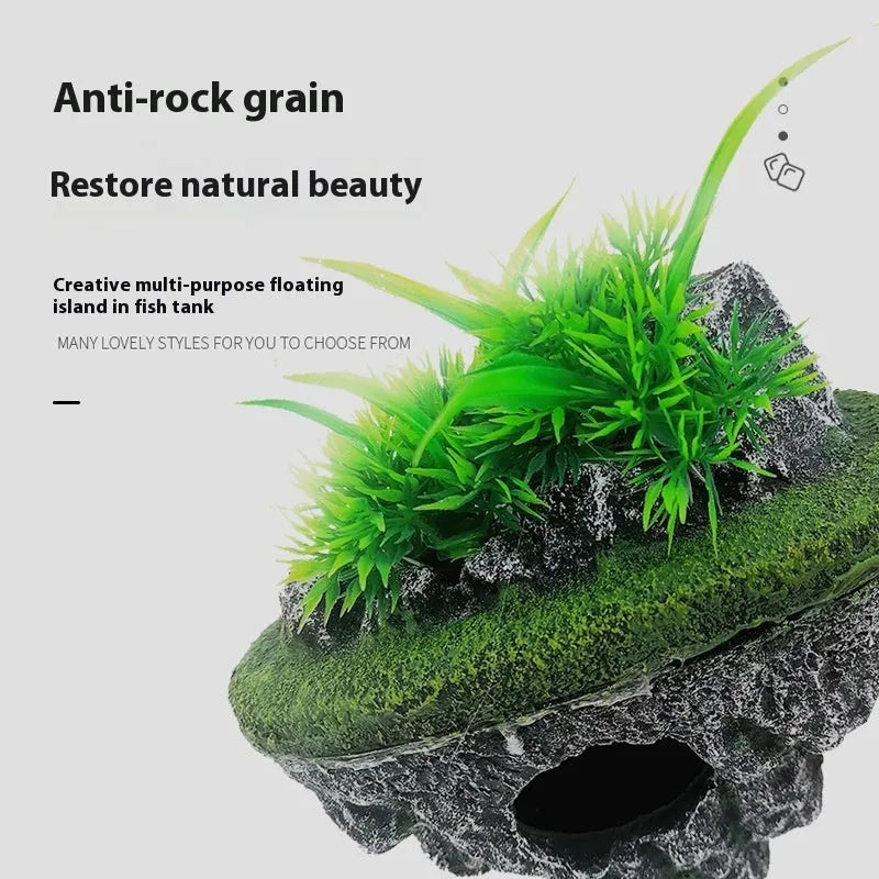 Medium resin fish tank landscaping suspended stone floating ornament with self-floating island option