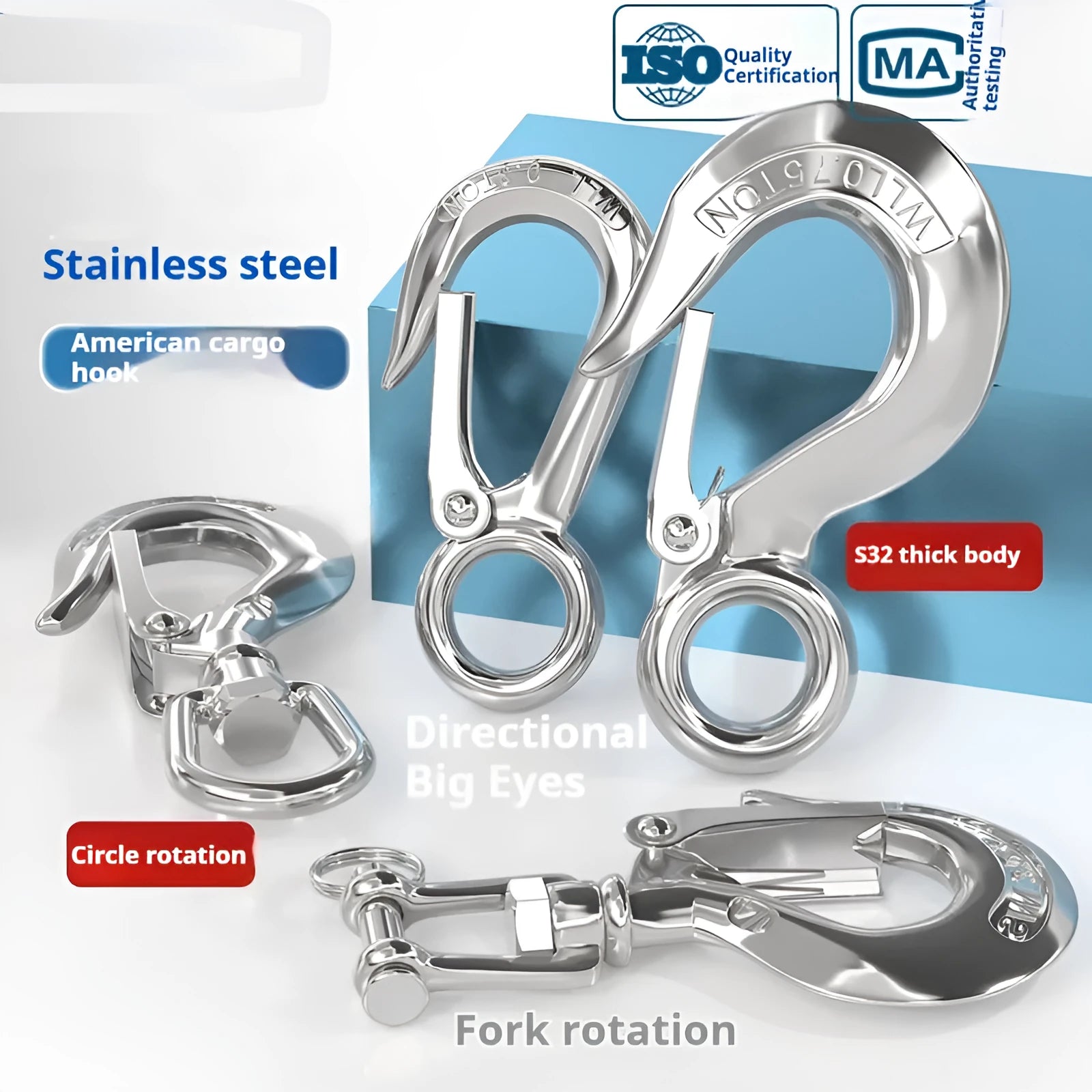 304 stainless steel fork rotating load-bearing hook with directional swivel ring in 150kg to 1500kg capacities