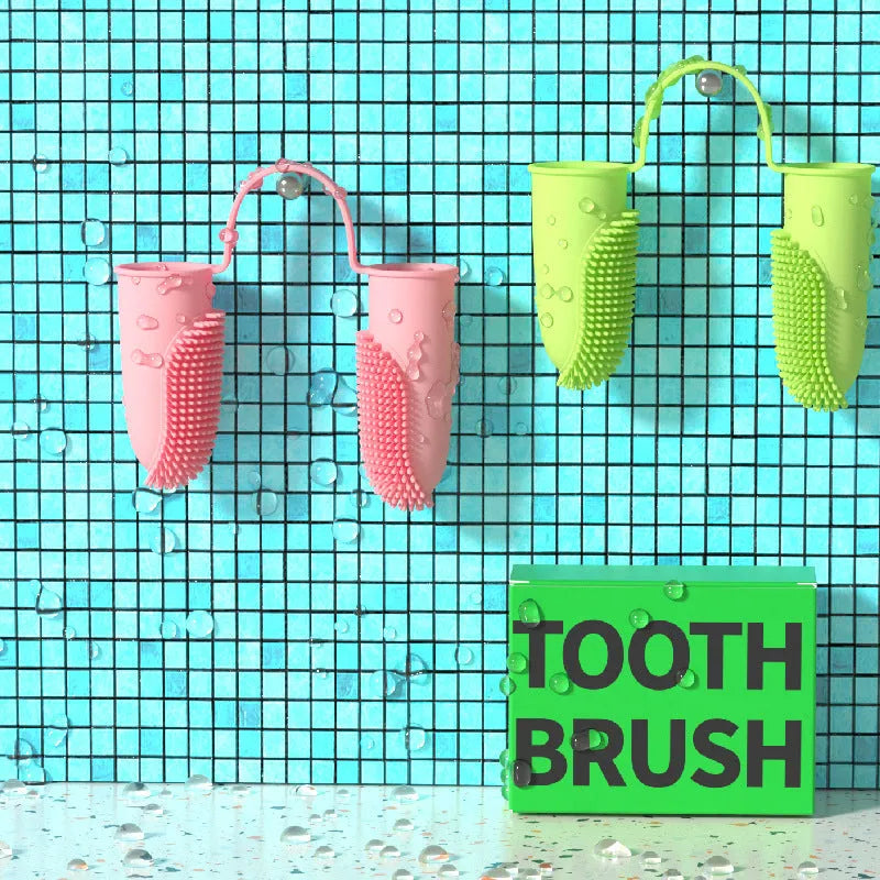 TPR finger cover for pet tooth cleaning in pink, blue green, and yellow.