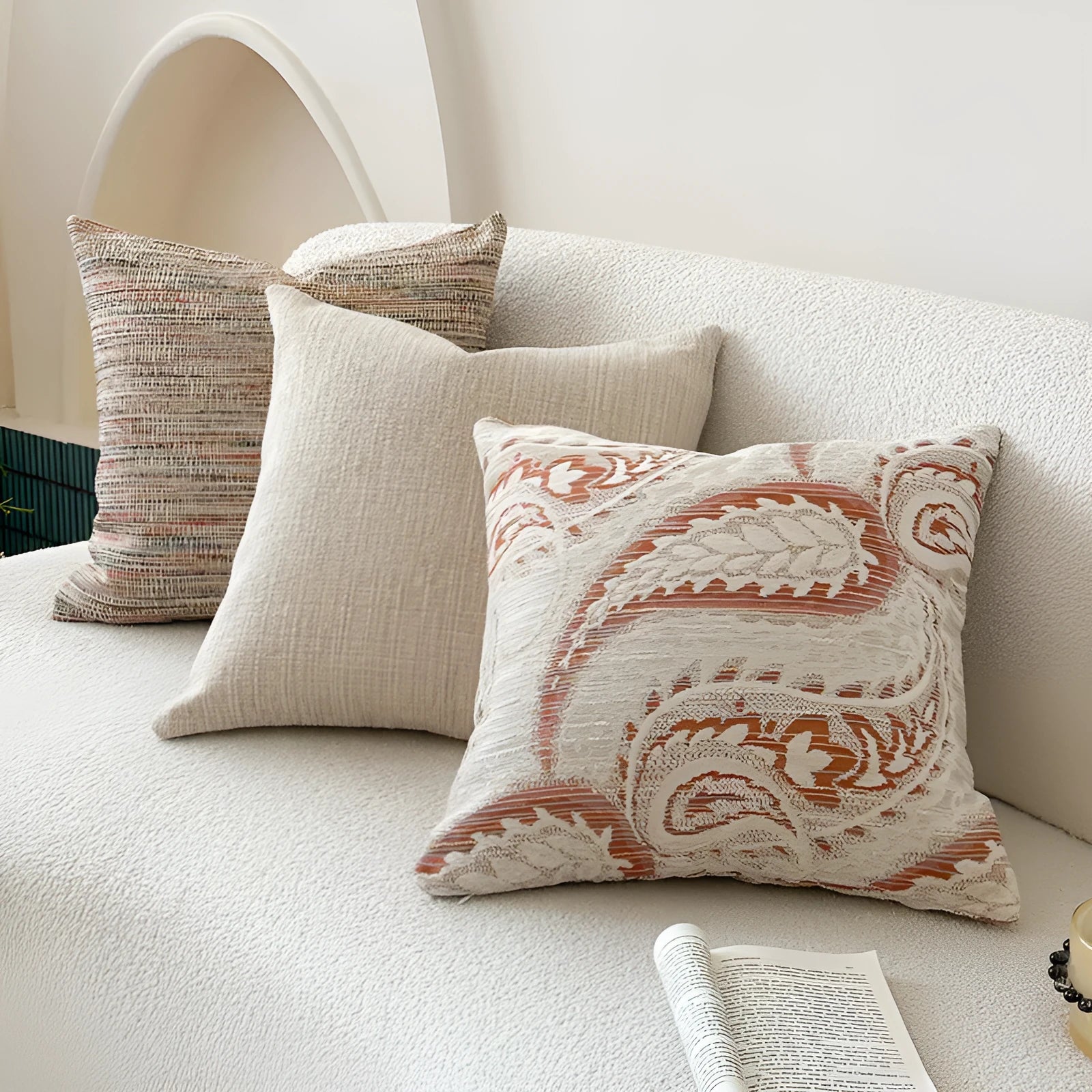 American-style jacquard sofa backrest cushion cover with paisley pattern in amber colour.