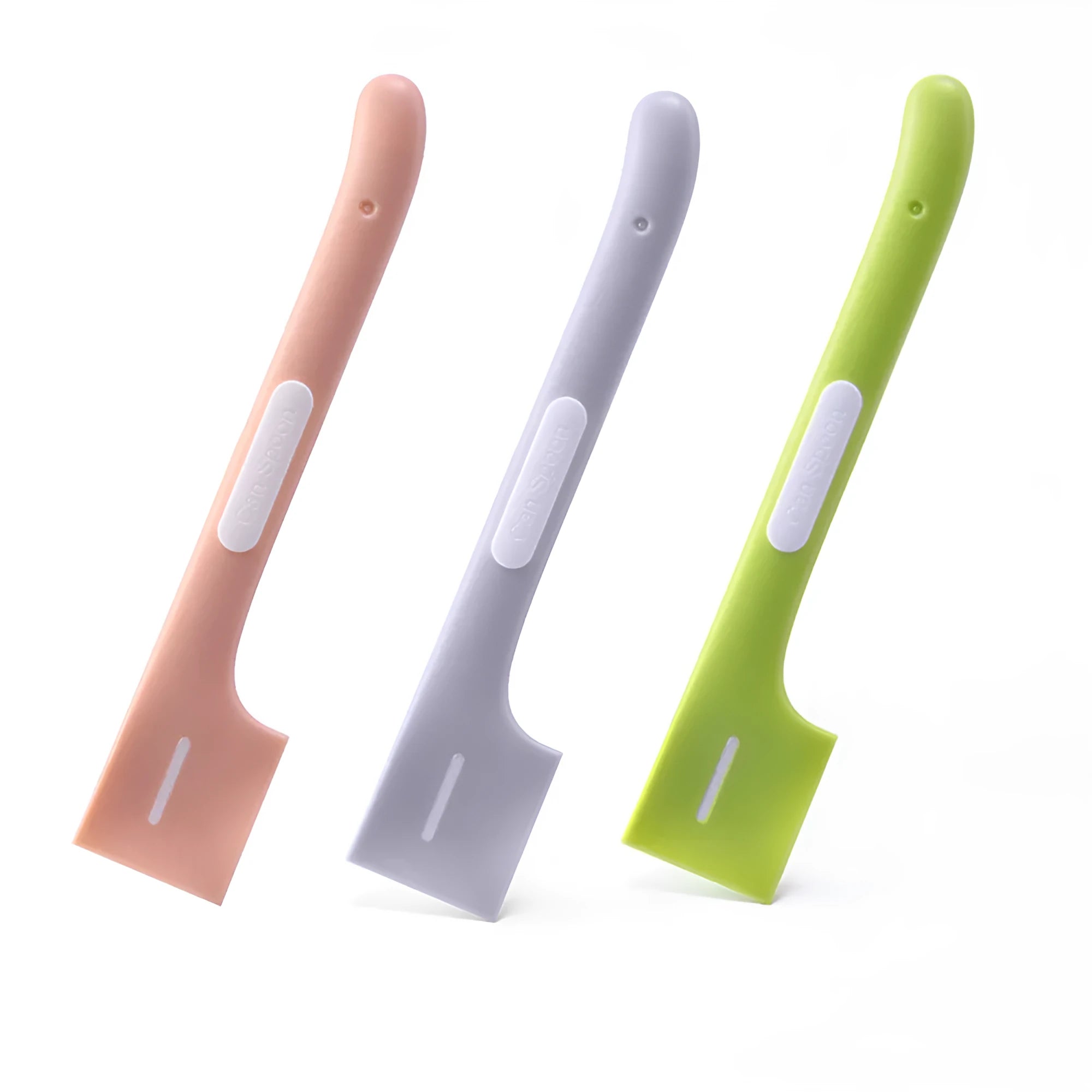 Green long-handled pet food spoon with right-angle head for scraping canned wet food.