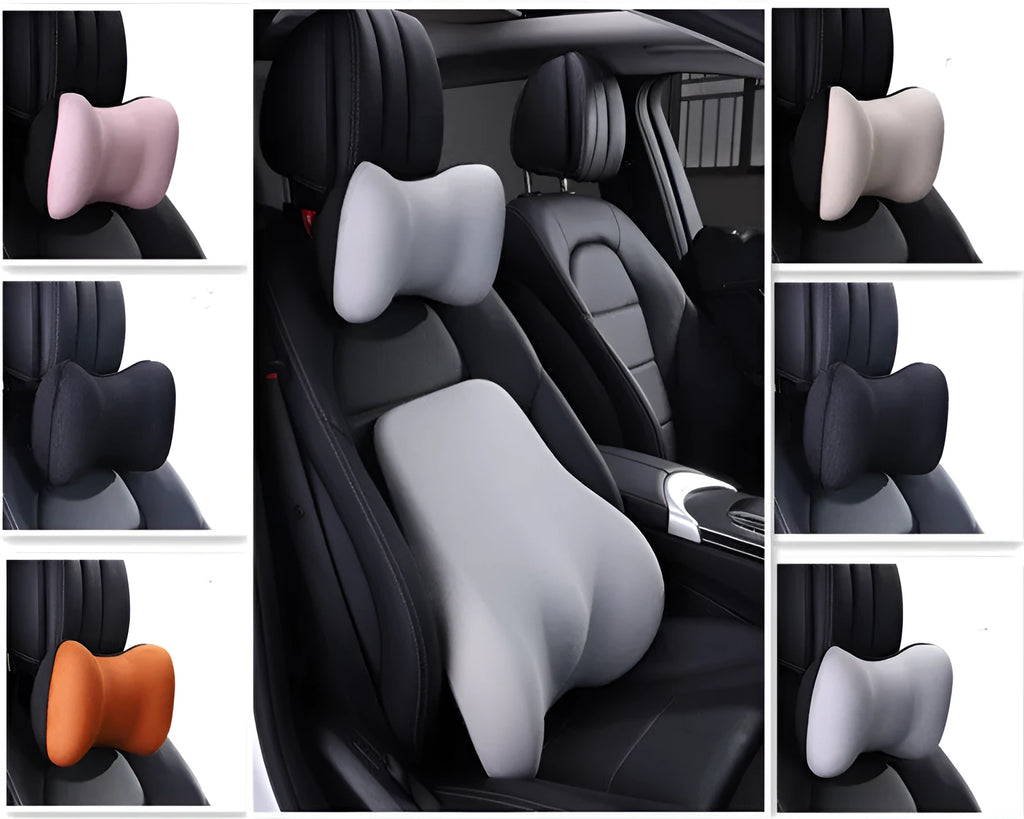 Ergonomic car headrest and lumbar support cushion with BASF memory foam in breathable starry sky net fabric on a car seat