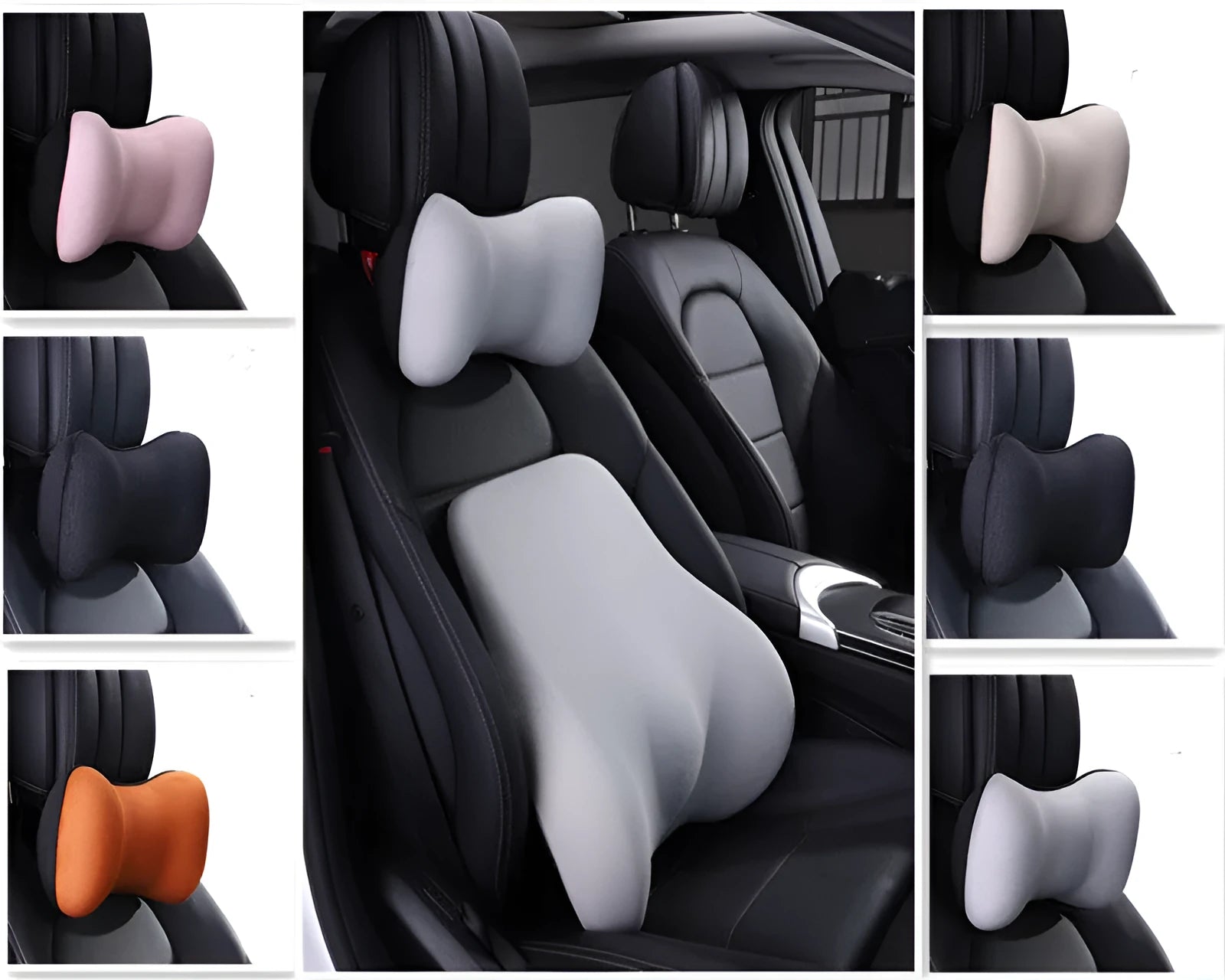 Ergonomic car headrest and lumbar support cushion with BASF memory foam in breathable starry sky net fabric on a car seat