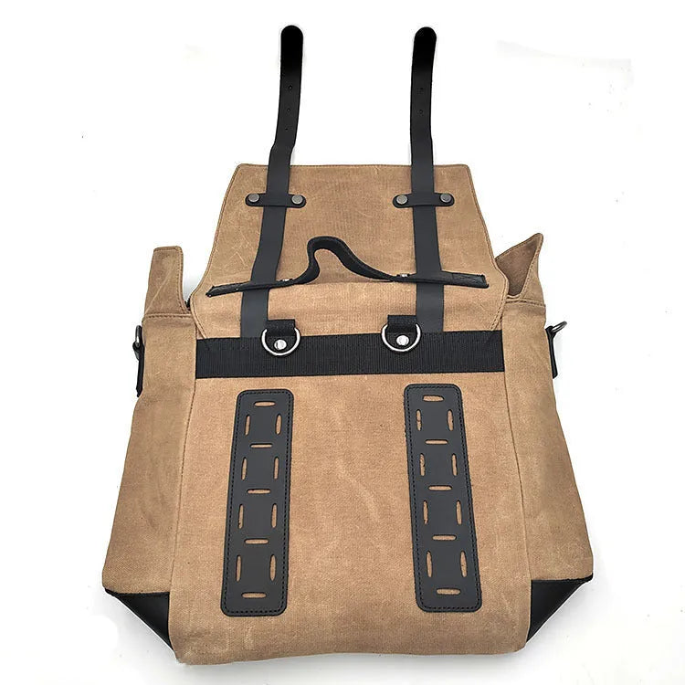 Waterproof canvas motorcycle side bag with cowhide detailing in black colour