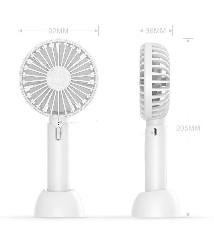 Blue mini USB electric fan with three-speed control on desk
