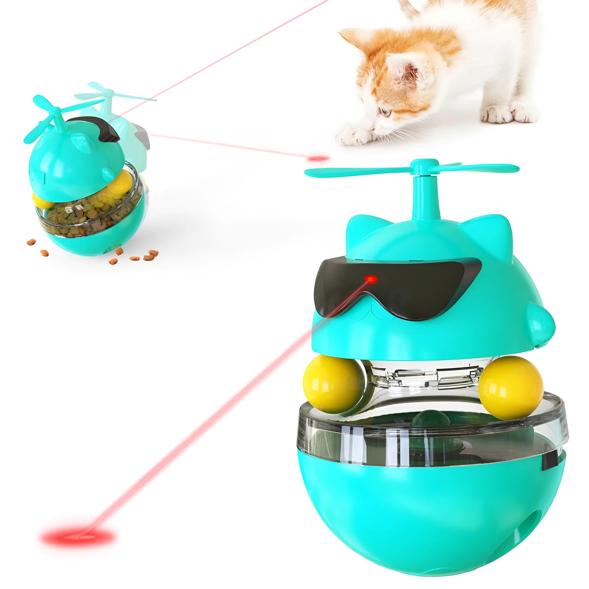 Cat toy laser electric infrared tumbler with USB charging, 100mm wide, available in blue and green
