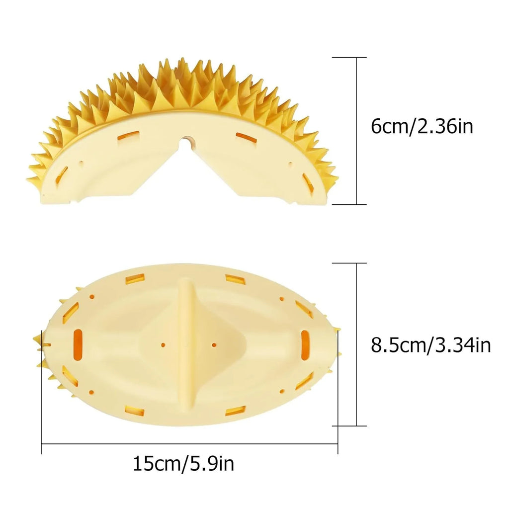 Yellow durian-shaped cat corner scratcher with built-in massage comb for wall corners