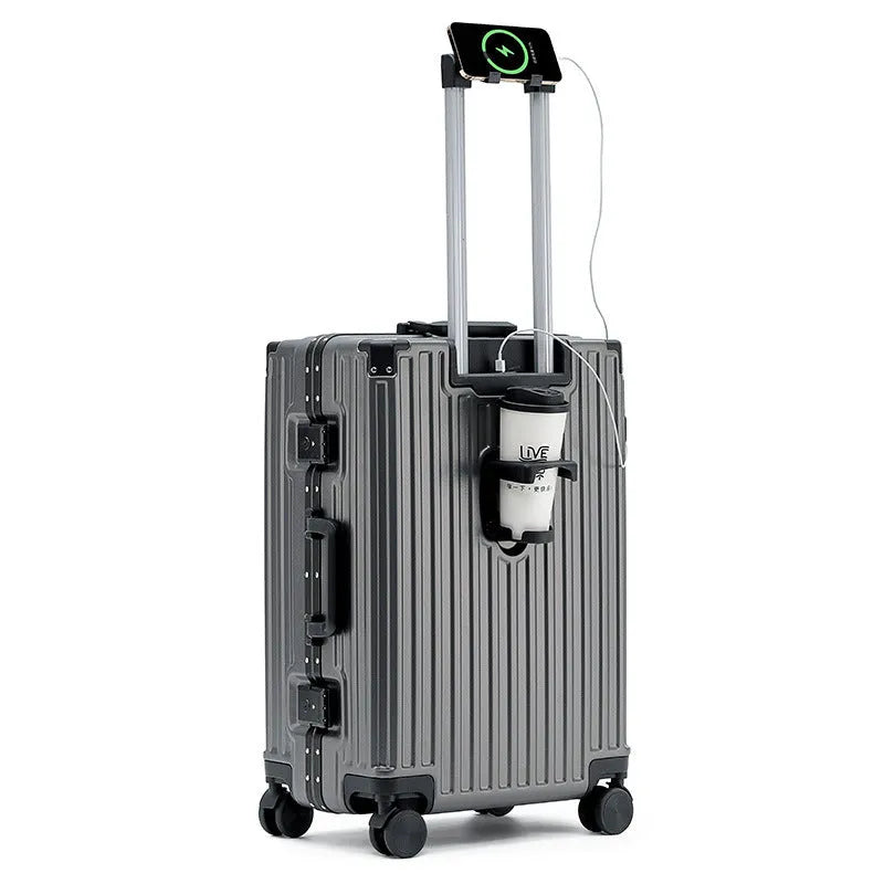 Hard-shell aluminium frame suitcase in avocado green colour with USB port and universal wheels.