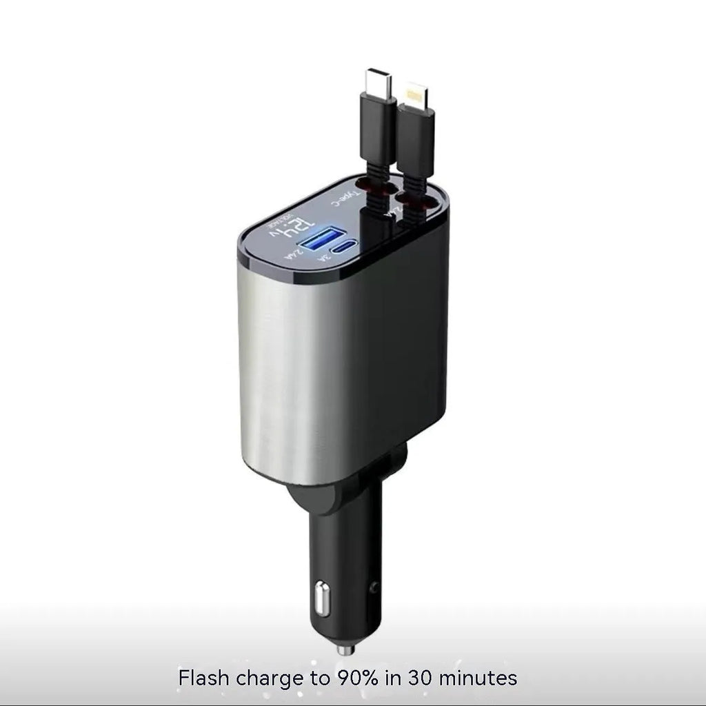 Car USB charger with retractable cable and four charging ports for multiple devices