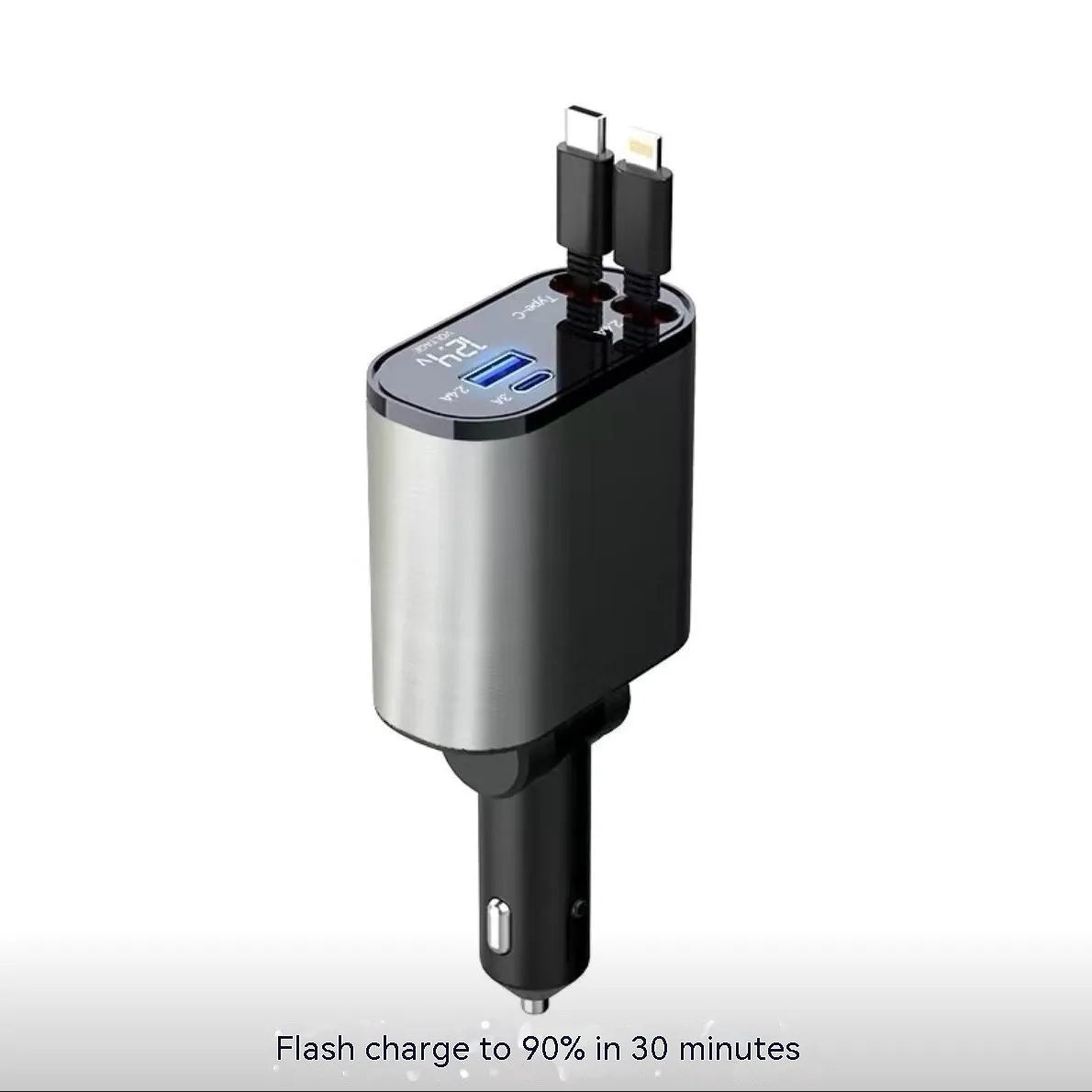 Car USB charger with retractable cable and four charging ports for multiple devices