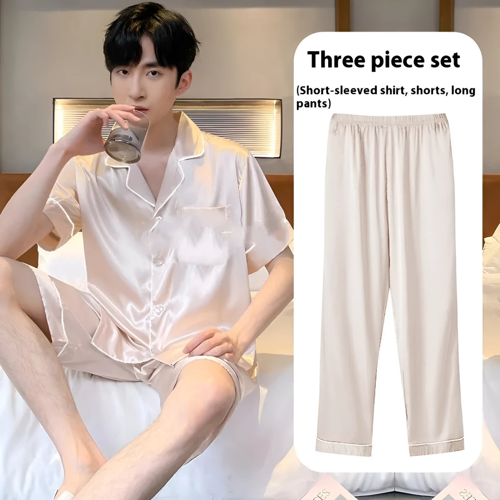 Men's thin ice silk three-piece homewear suit set in a choice of colours on a hanger