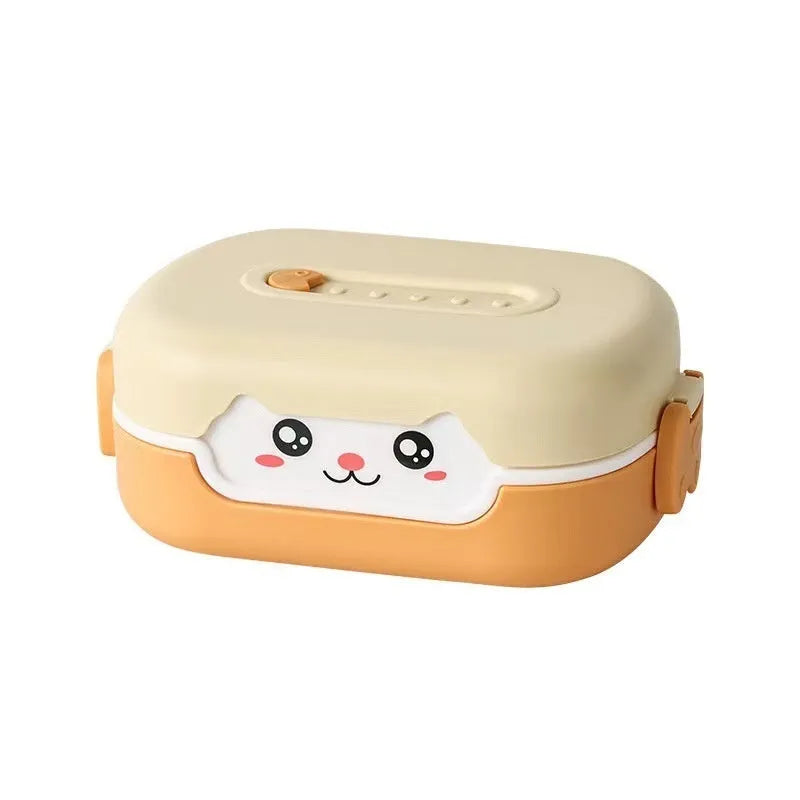 Square plastic divided lunch box with microwave-safe construction in dark blue, orange yellow or pink and green colours