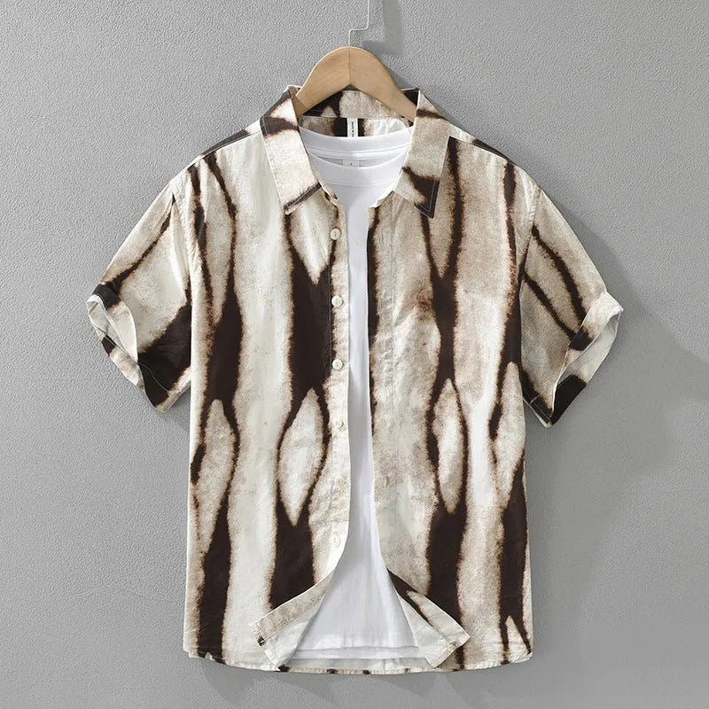 Men's retro striped short sleeve cotton shirt in loose cardigan fit, black and brown colour options
