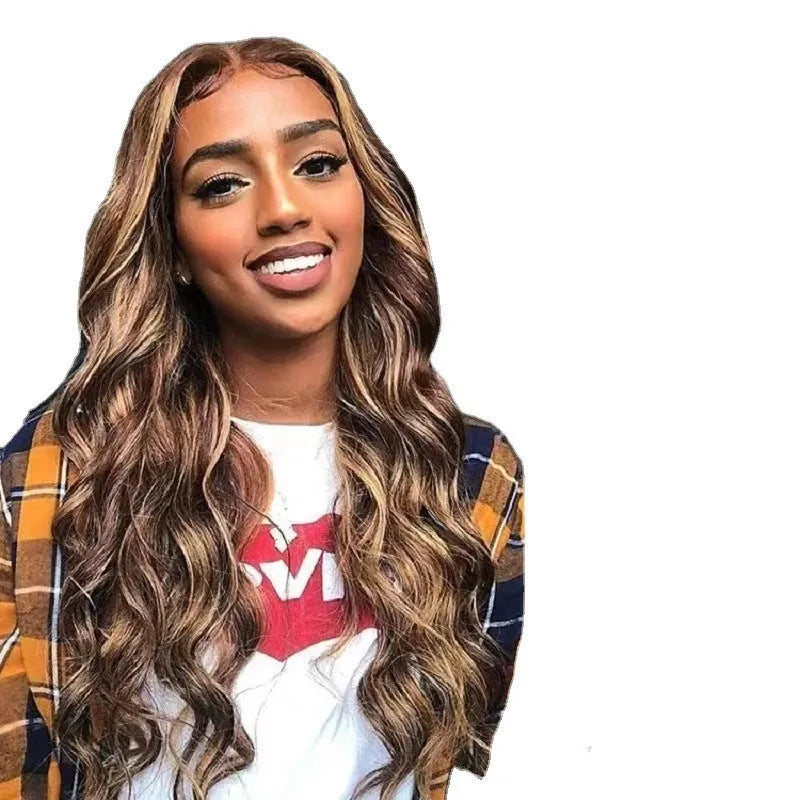 Front lace wig with African black gradient colour in big wave style, showing side bangs and sheath inclusion