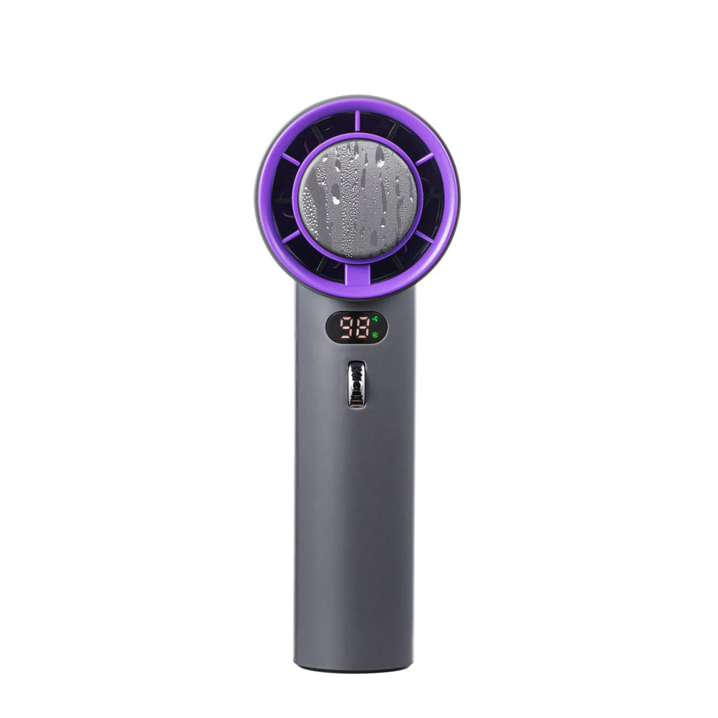 Portable handheld turbo fan with semiconductor refrigeration, 3000mAh battery, adjustable wind speeds, 58x60.5x170mm, white colour option